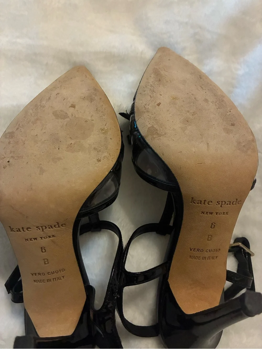 kate spade Black Patent Pointed-Toe T-Strap Heels with Bow Detail